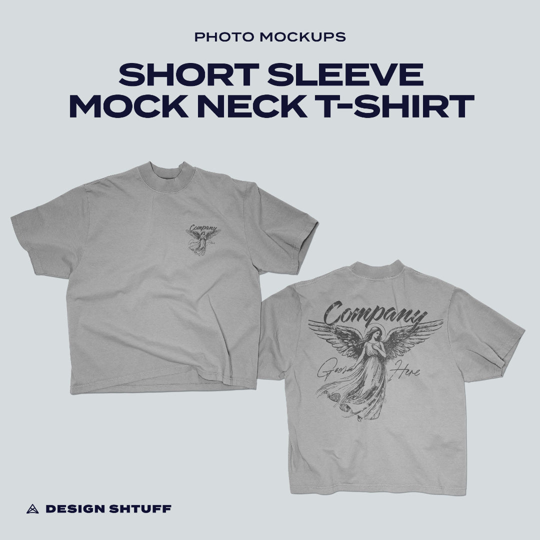 Front and Back cover image that reads: Short Sleeve Mock Neck T-Shirt Mockup