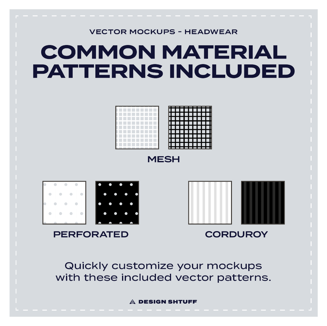 6-Panel Flexfit Hat Vector Mockup - Common material patterns included