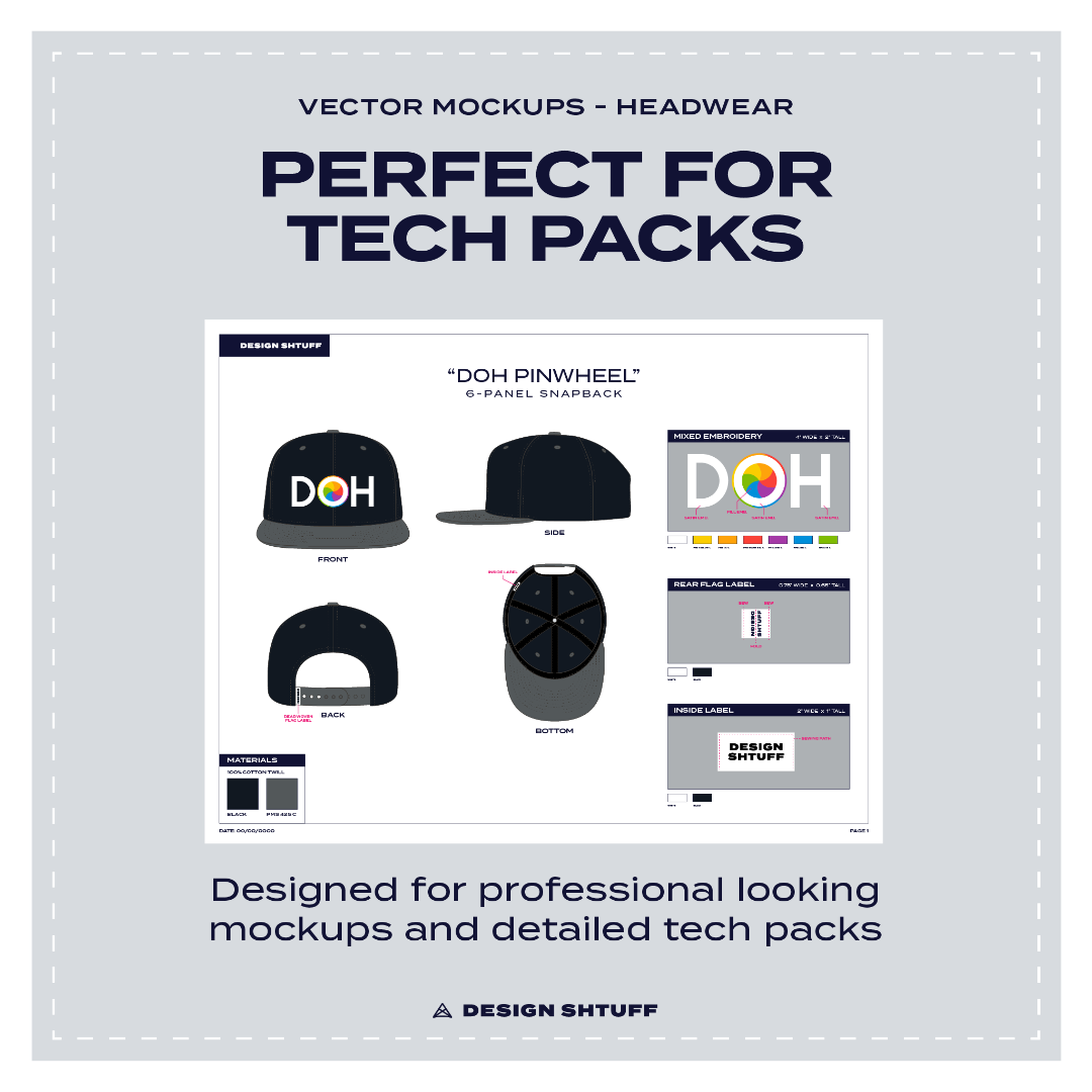 6-Panel Classic Snapback Hat Vector Mockup - Perfect for tech packs