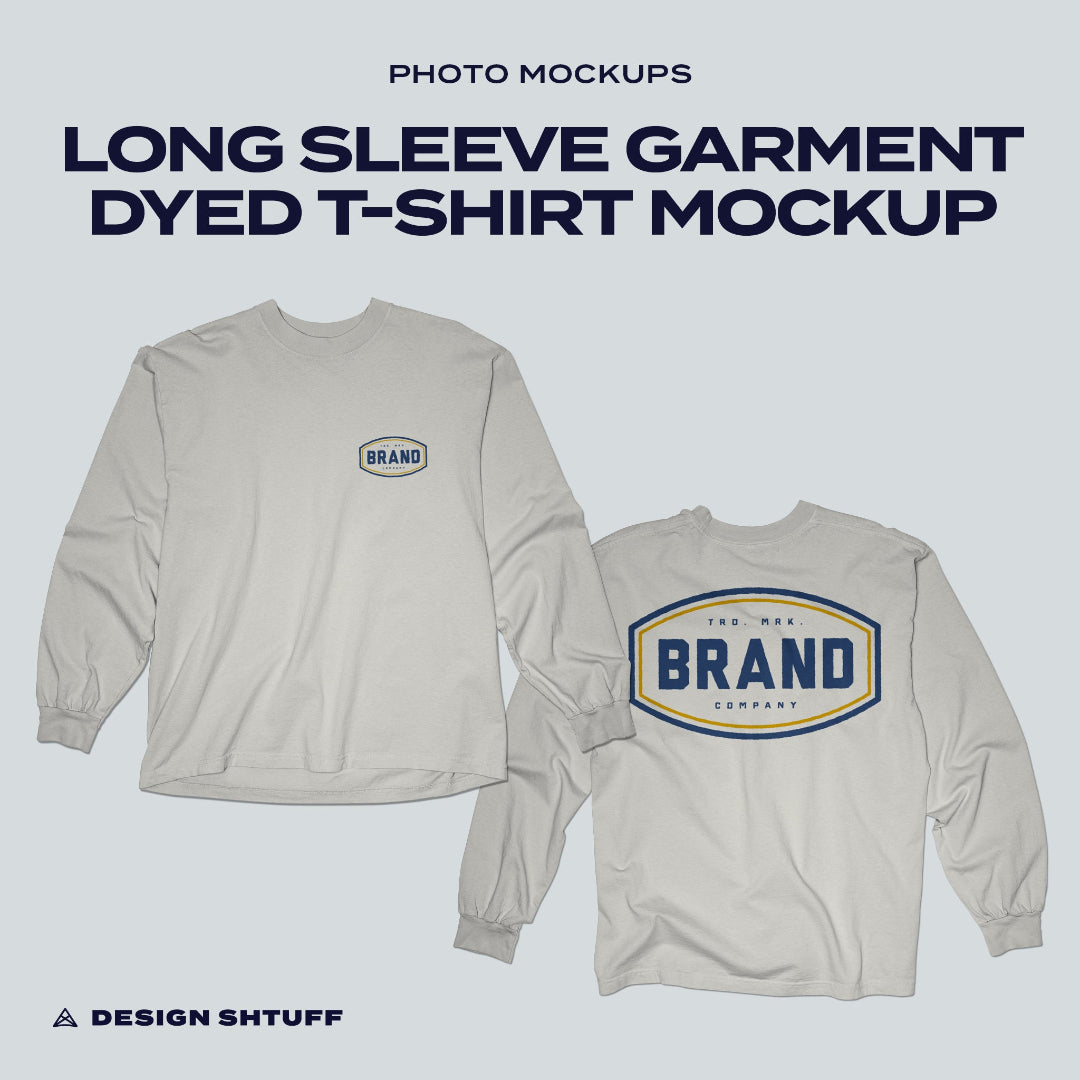 Front and Back cover image that reads: Long Sleeve Garment Dyed T-Shirt Mockup