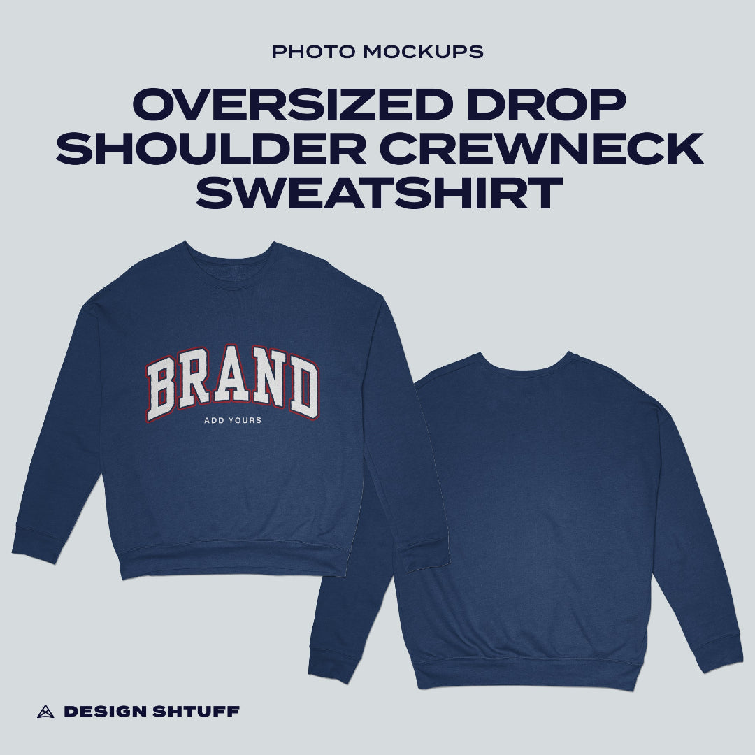 Front and Back cover image that reads: Oversized Drop Shoulder Crewneck Sweatshirt Mockup