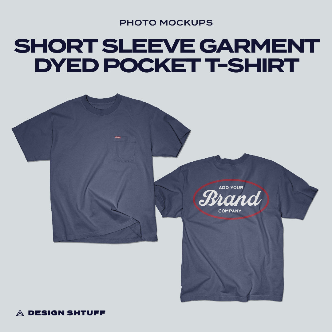 Front and Back cover image that reads: Short Sleeve Garment Dyed Pocket T-Shirt Photo Mockups 