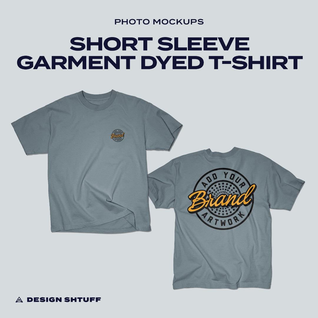 Front and Back cover image that reads: Short Sleeve Garment Dyed T-Shirt Photo Mockups
