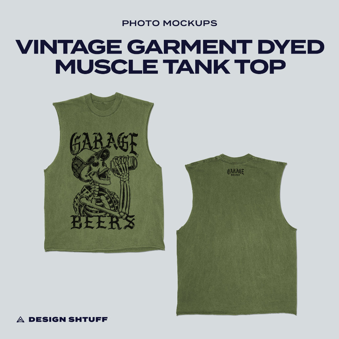Front and Back cover image that reads: Vintage Garment Dyed Muscle Tank Top Mockup