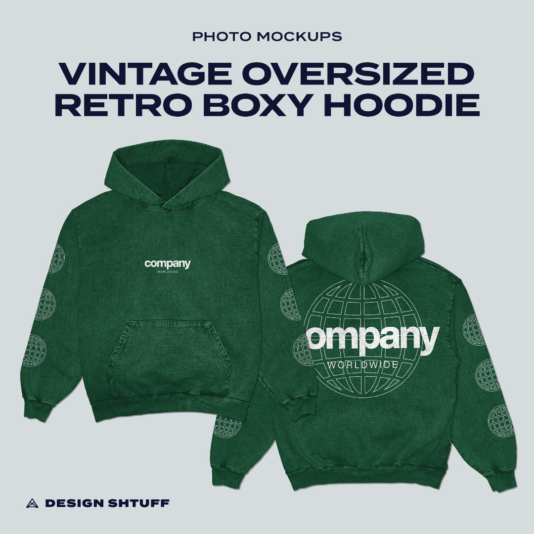 Front and Back cover image that reads: Vintage Oversized Retro Boxy Hoodie Photo Mockups